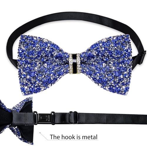 DiBanGu Mens Rhinestone Bow Tie with Ring and Lapel Pin Set | Adjustable Strap,Pre-tied Style,3PCS,Sequin Diamond Bowties，Solid/Mix Color,Shiny Accessory,for Party Prom Banquet Wedding - color: Blue and Silver