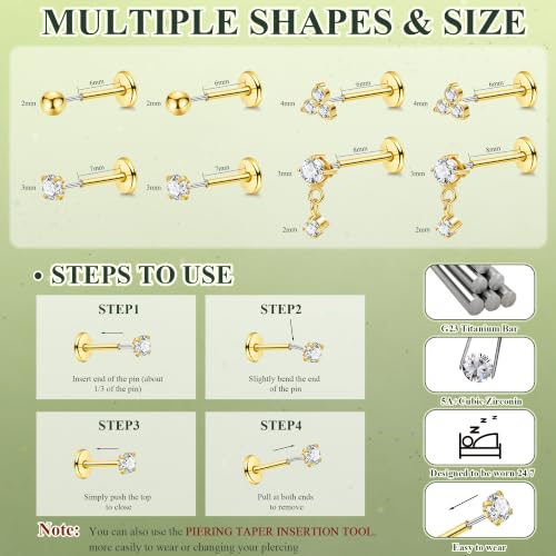 4Pairs 18G 20G G23 Titanium Threadless Flat Back Stud Earrings CZ Push in Nose Studs Hypoallergenic Tragus Cartilage Helix Conch Lip Labret Medusa Stud Piercing Jewelry - color: Gold, size: 20G