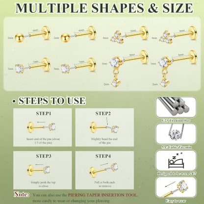 4Pairs 18G 20G G23 Titanium Threadless Flat Back Stud Earrings CZ Push in Nose Studs Hypoallergenic Tragus Cartilage Helix Conch Lip Labret Medusa Stud Piercing Jewelry - color: Silver, size: 20G