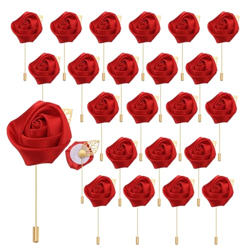 uxcell 24pcs Red Rose Boutonnieres Flower Pins for Wedding | Buttonholes Pocket Boutonnieres for Wedding Ceremony Anniversary Prom Formal Dinner Party - color: Red