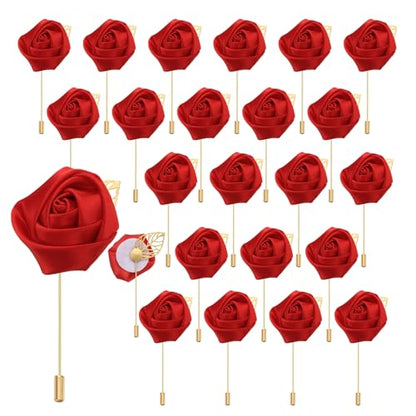 uxcell 24pcs Red Rose Boutonnieres Flower Pins for Wedding | Buttonholes Pocket Boutonnieres for Wedding Ceremony Anniversary Prom Formal Dinner Party - color: Red