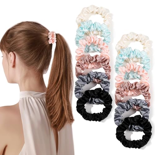 Silk Hair Ties Satin Scrunchies - Small Mini Scrunchy for Women Thick Hair Accessories Cute Soft No Slip Hair Elastics Ponytail Holder for Curly Hair No Damage Hairties Gift for Girls - color: Pink-Mixed