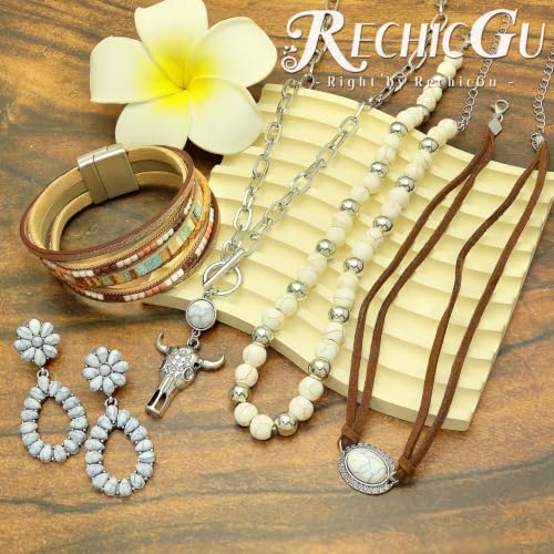RechicGu Western Jewelry For Women Bohemian Turquoise Dangle Earrings Necklace Bracelet Set, Bullhead Pendant Layered Choker Boho Faux Leather Wristband Country Concert Cowgirl Accessories - color: White Turquoise Set