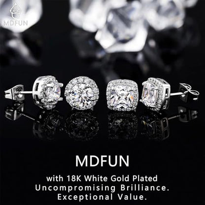 MDFUN Halo Stud Earrings 18K Gold Plated Round/Square/Heart/Teardrop Cubic Zirconia Earrings Set for Women - color: A-Round/Square