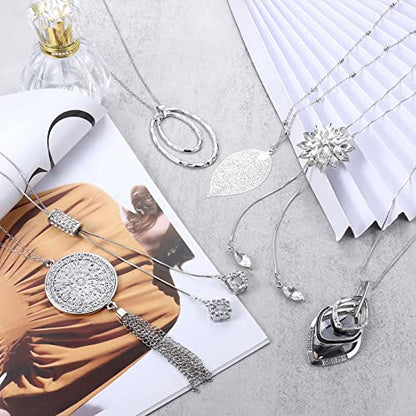 Jstyle 6Pcs Long Pendant Necklaces for Women, Statement Sweater Chain | Long Sweater Y Necklace Set, Fashion Statement Sweater Chain, Silver Flower Disk Circle Leaf Tassel Necklace, Daily Wear - style: Elegant Style