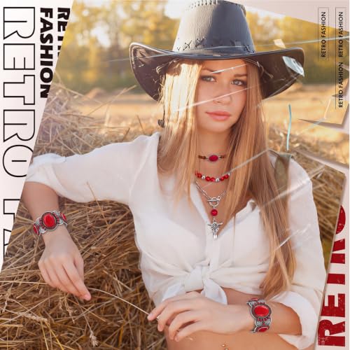 Ecally Bohemian Western Jewelry Turquoise Set Women Country Pendant Long Choker Layered Bracelets Earrings Ring for Women - color: Red, style: Shiny