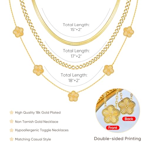 MPRAINBOW Gold Layered Necklace for Women - 3Pcs 18K Gold Plated Floral Necklaces, Stainless Steel Stackable Cuban Link Chain Non Tarnish Trendy Jewelry, Herringbone Chains Christmas Birthday Gifts - color: Gold
