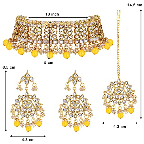 Aheli Elegant Indian Faux Kundan Studded Choker Necklace with Maang Tikka Set Ethnic Wedding Wear Bharatanatyam jewellery set Gift for Women - color: Yellow