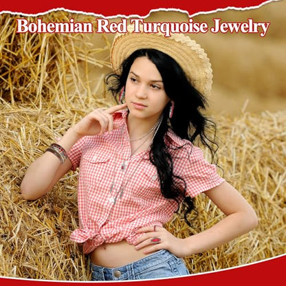 Ecally Bohemian Western Jewelry Turquoise Set Women Country Pendant Long Choker Layered Bracelets Earrings Ring for Women - color: Red, style: Passional