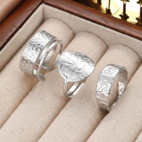 3Pcs Gold Chunky Hammered Geometric Open Ring Set for Women,Boho Retro Textured Stackable Band Statement Rings Modern Minimalist Jewelry Gifts - color: Silver