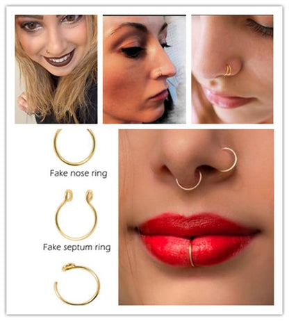 D.Bella Fake Septum Hoop 20G Faux Nose Piercing Hoop Clip on Nose Rings Non Piercing Fake Septum Lip Ear Ring Faux Body Piercing Jewelry for Women Men - color: Color B -color 2