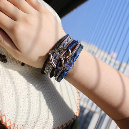 Womens Love Heart Leather Wrap Bracelet Multi-layer Stacked Bangle | Magnetic Clasp Soft PU Leather Resin Stone Rhinestone Boho Style Birthday Valentine Christmas Bohemian Jewelry Gift - color: Navy Blue