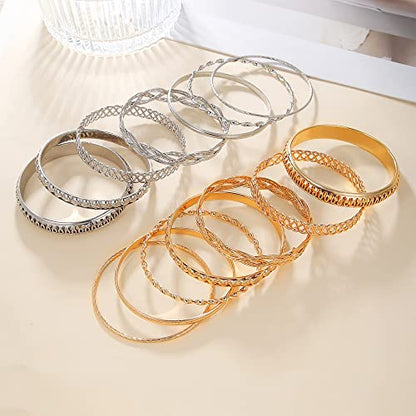 COLORFUL BLING 5-12Pcs Boho Indian Bangles for Women Twisted Chunky Stackable Cuff Bangle Statement Jewelry Handcuffs Wedding Layered Cable Smooth Bracelets Set - color: 7pcs gold