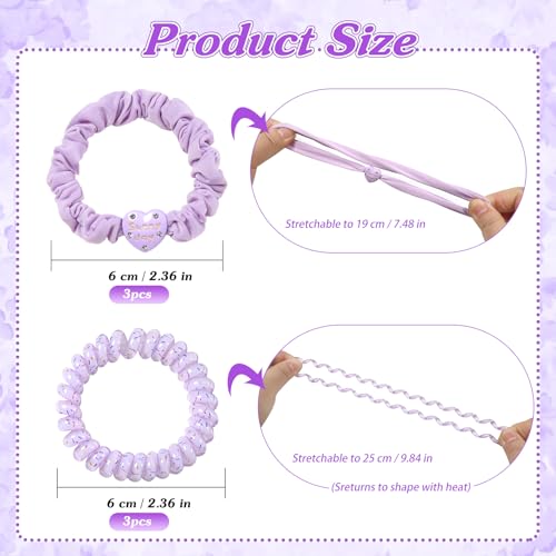 6pcs Spiral Hair Ties and Skinny Scrunchies with Heart Charms 2.36 Inch No Crease Phone Cord Coils Thin Scrunchies Hair Accessories for Ponytail Holders Purple