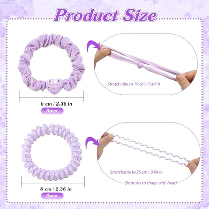 6pcs Spiral Hair Ties and Skinny Scrunchies with Heart Charms 2.36 Inch No Crease Phone Cord Coils Thin Scrunchies Hair Accessories for Ponytail Holders Purple
