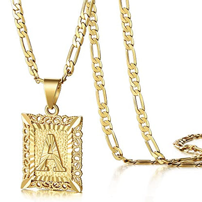 KissYan Initial Letter Pendant Necklace for Men Women, 14K Gold Plated Square Capital Monogram Necklace Alphabets from A-Z Figaro Chain Jewelry | 14K Gold Filled/White Gold Plated, Square Letter Capital Monogram Pendant with 20''+2'' Figaro Chain, Alphabe