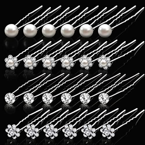 MTLEE 40 Pcs Rhinestone Hair Pins for Women Silver Flower Pearl | Hair Pins Decorative U Shape Diamond Wedding Hairs Accessories for Prom Brides Bridesmaids Women
