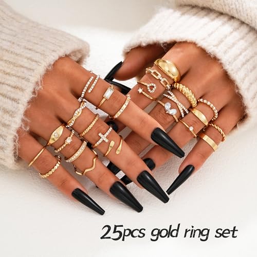 FAXHION 25 PCS Gold Stackable Rings Set for Women, Simple Twist Knuckle Finger Ring Trendy, Dainty Stacking Statement Thumb Rings Pack Jewelry Gift - color: A-gold