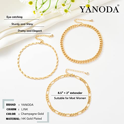 YANODA 3Pcs Gold Ankle Bracelets for Women Dainty 14k Gold Plated Layering Anklets Set Adjustable Fashion Link Chain Ankle Bracelet Adjustable Beach Foot Jewelry Gifts for Women - color: YP Mariner+Cuban(L)+Figaro