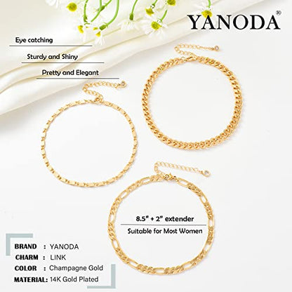 YANODA 3Pcs Gold Ankle Bracelets for Women Dainty 14k Gold Plated Layering Anklets Set Adjustable Fashion Link Chain Ankle Bracelet Adjustable Beach Foot Jewelry Gifts for Women - color: YP Mariner+Cuban(L)+Figaro