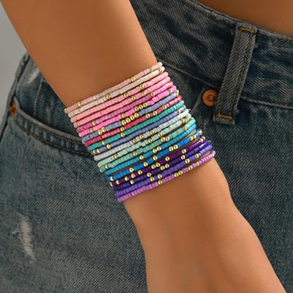 Cute Handmade Colorful Tiny Seed Beads Stackable Bracelets Set Bohemian Gold Beaded Elastic Multilayered Stretch Bracelet for Women Rainbow Surfer Boho Beach Jewelry - style: Set B