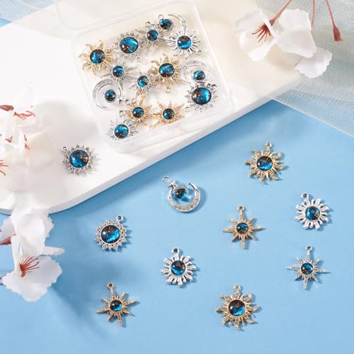24Pcs Alloy Rhinestone Charms for Jewelry Making, Cute Moon Sun Star Alloy Charm Celestial Blue Rhinestone Dangle Pendants for DIY Necklace Bracelet Earring Jewelry Making Crafts - color: Blue