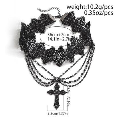 Black Lace Choker Gothic Cross Necklace Zinc Alloy Black Cross Pendant Layered Beads Necklace Halloween Punk Goth Jewelry Gift for Women