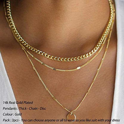 Turandoss Gold Layered Necklaces for Women - 14K Gold Plated Handmade Multilayer Bar Pearls Coin Disc Moon Butterfly Medallion Adjustable Dainty Layered Choker Necklaces for Women Jewelry - style: 3 Layered Necklace - Thick&Chain&Disc
