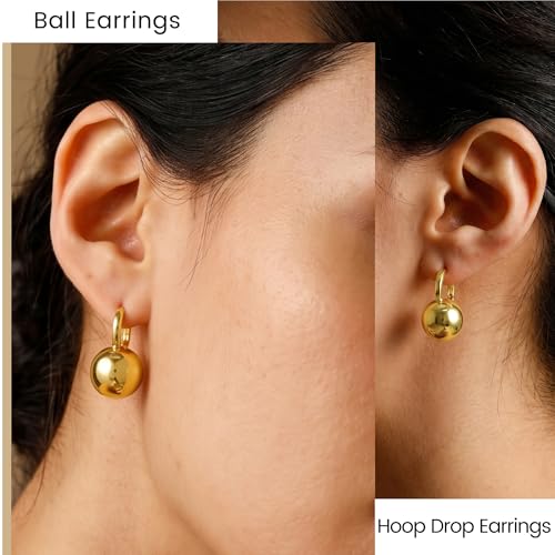 14k Gold Plated Ball Dangle Earrings for Women Sterling Silver Ball Drop Earrings Hypoallergenic Round Balls Hoop Earring Leverback Lightweight Earrings Fashion Jewelry - color: gold 2