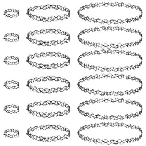 18 Pcs 90s Tattoo Choker Necklace, Bracelet & Ring Set Stretch Gothic Black Lace Vampire Accessories Retro Grunge Aesthetic Tattoo Effect Jewelry Accessories for Women - color: Black