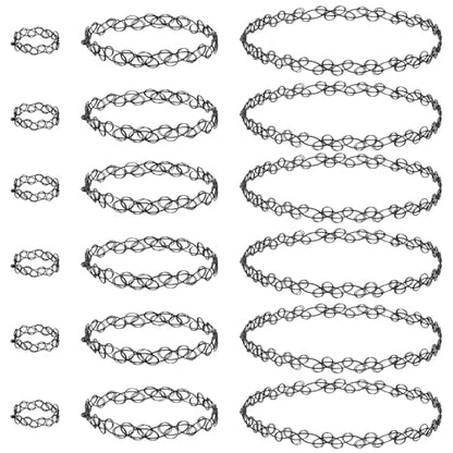 18 Pcs 90s Tattoo Choker Necklace, Bracelet & Ring Set Stretch Gothic Black Lace Vampire Accessories Retro Grunge Aesthetic Tattoo Effect Jewelry Accessories for Women - color: Black