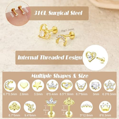 YADOCA 16G 18G Helix Flat Back Tragus Piercing Jewelry Earrings for Women | Hypoallergenic Surgical Steel Cartilage Earrings Daith Conch Medusa Nose Piercing Jewelry Gold Stud Earrings Set 6 7 8 10 MM - color: Gold, size: 18G(1.0MM)-10MM-New
