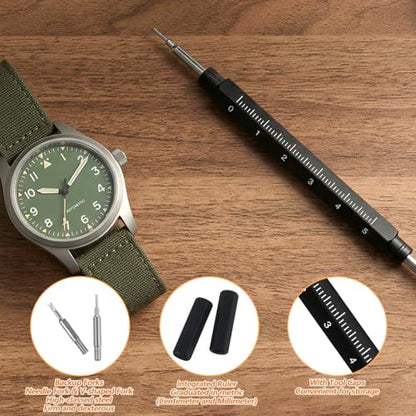 Watch Spring Bar Tool Kit, Premium Pin Removal Tool with Built-in Ruler for Watch Band Removal Installation, Jewelry Craft, Phone Card Insertion, with Caps, Replacement Fork & Cleaning Cloth