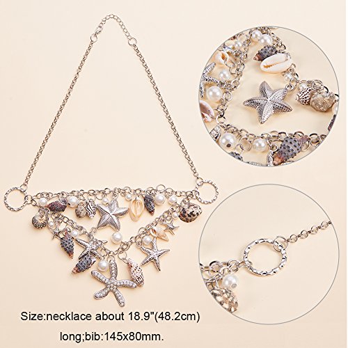 PH PandaHall Mermaid Jewelry Accessories for Women, Starfish Necklace Bracelet Boho Seashell Jewelries Ocean Beach Bib Statement Necklace Earrings for Summer Cosplay Holiday (Platinum) - color: bracelet & necklace & earrings + Gift Box