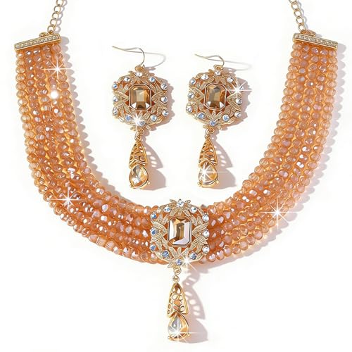 Missgrace Women Silver Black Green Red Rhinestone Crystal Tassels Bridal Necklace Earrings Sets Teardrop Necklace Dangle Earrings Set for Wedding Brides Bridesmaid - color: Champagne