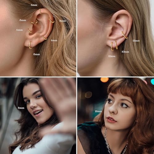 16G Hinged Clicker Segment Septum Rings Stainless Steel Nose Horseshoe Hoop Eyebrow Lip Cartilage Helix Tragus Earrings Piercing Jewelry 6/8/10/12mm Replacement Balls 3mm - color: Gold