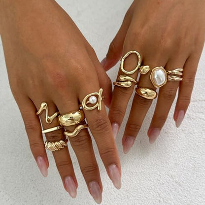 Gold Rings for Women Non Tarnish Boho Stackable Adjustable Open Rings Set Finger Knuckle Stacking Ring Packs Jewelry Gift - color: Gold Pearl Rings 11Pcs