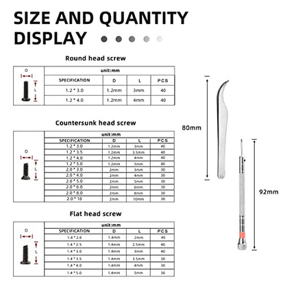 630 Pcs Tiny Micro Repair Screw Kit Eyeglass Sunglass Repair Kit with Screwdriver for Repair Spectacles, Watch, Jewelry