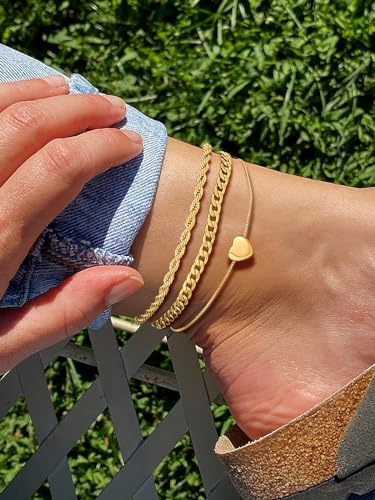 U7 2Pcs/3Pcs Ankle Bracelets for Women, Stainless Steel Cuban Link/Figaro/Rope/Heart Chain Anklets Sets,Waterproof Layered Anklets Adjustable 8.5"-10.5" - color: 04. 3Pcs Style B-Gold