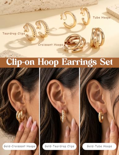 Giovanchi 3Pairs Clip on Earrings for Women with Non-Pierced Ears - Trendy Hypoallergenic 14K Gold Plated Chunky Tube Croissant Waterdrop Clip on Hoop Earrings - style: D-Gold