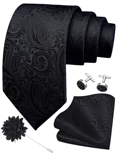 GUSLESON 3.15"（8cm） Mens Tie and Lapel Pin Paisley Necktie Hankerchief Cufflinks Set for Men - color: Black