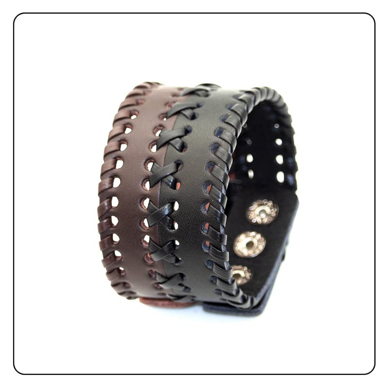 Punk Rock Wide Cuff Wristband Braided Leather Bracelet - color: Black Brown