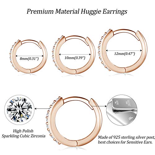Silver Hoop Earrings for Women, 3 Pairs Small Sterling Silver Huggie Earrings | Tiny Cubic Zirconia Cartilage Cuff Earrings Hoop Piercing Jewellery for Men Teens (8mm/10mm/12mm) - color: 3 Pairs(8/10/12mm)-Rose gold