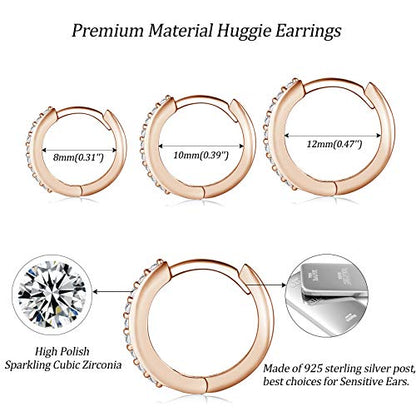 Silver Hoop Earrings for Women, 3 Pairs Small Sterling Silver Huggie Earrings | Tiny Cubic Zirconia Cartilage Cuff Earrings Hoop Piercing Jewellery for Men Teens (8mm/10mm/12mm) - color: 3 Pairs(8/10/12mm)-Rose gold
