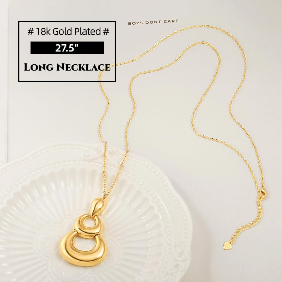 PEARLADA 18k Gold Plated Chain Long Necklace, Boho Sweater Necklace for Women, Geometric Pendant Y Necklace - color: 3 Layered Hoop