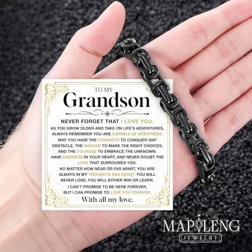 Grandson Gifts from Grandma Grandpa, Black Stainless Steel Bracelet with Meaningful Message Card, Birthday Gift for Grandson, Graduation Christmas Gift, Inspirational Keepsake Jewelry for Men - color: Grandson #2