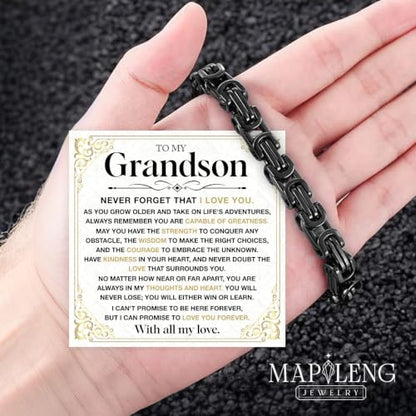Grandson Gifts from Grandma Grandpa, Black Stainless Steel Bracelet with Meaningful Message Card, Birthday Gift for Grandson, Graduation Christmas Gift, Inspirational Keepsake Jewelry for Men - color: Grandson #2