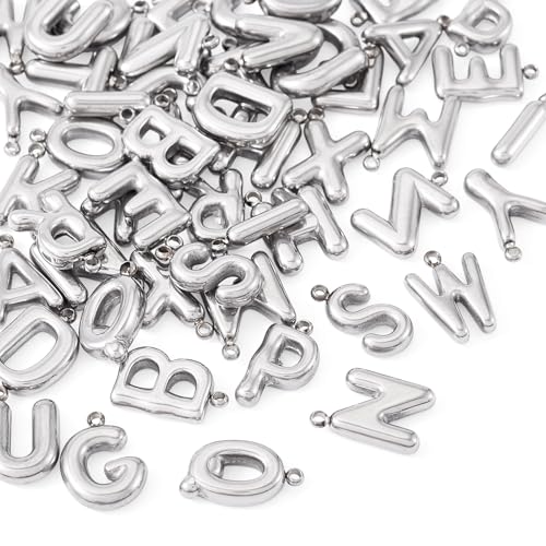 Beadthoven 52Pcs 26 Letter Charms Silver Stainless Steel Initial A-Z Alphabet Pendant Small Capital ABC Bubble Letter Metal Charms Cute Jewelry Accessory for DIY Necklace Earring Keychain Craft Making