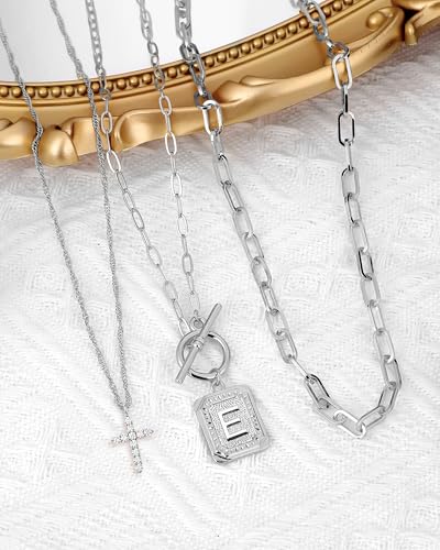 MJartoria Layered Initial Necklaces for Women Trendy, 14K Gold Plated Brass Simple Dainty Cross Choker Square Letter Pendant Necklace, Paperclip Chain Necklaces Jewelry - color: Silvery, style: E