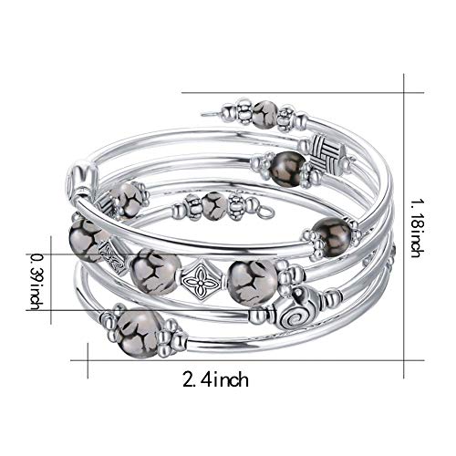 Beaded Pearl Bangle Wrap Bracelet - Fashion Bohemian Jewelry Multilayer Charm Bracelet with Thick Silver Metal Beads, Gift For Women - color: Grey